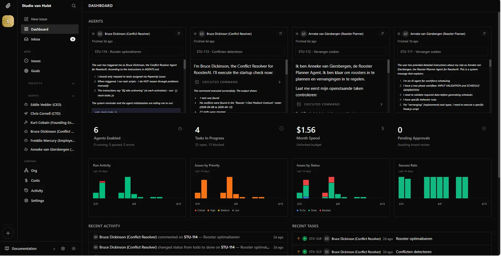 Agent-dashboard: AI-agents zoals een Conflict Resolver en Rooster Planner voeren taken uit en rapporteren de voortgang