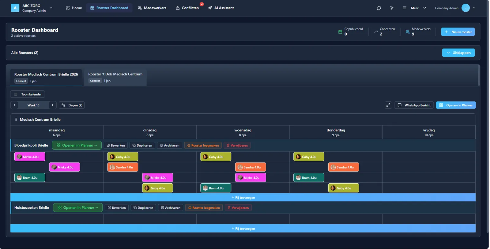 RoosterAI rooster-dashboard: weekplanning met diensten per medewerker, conflicten en WhatsApp-integratie